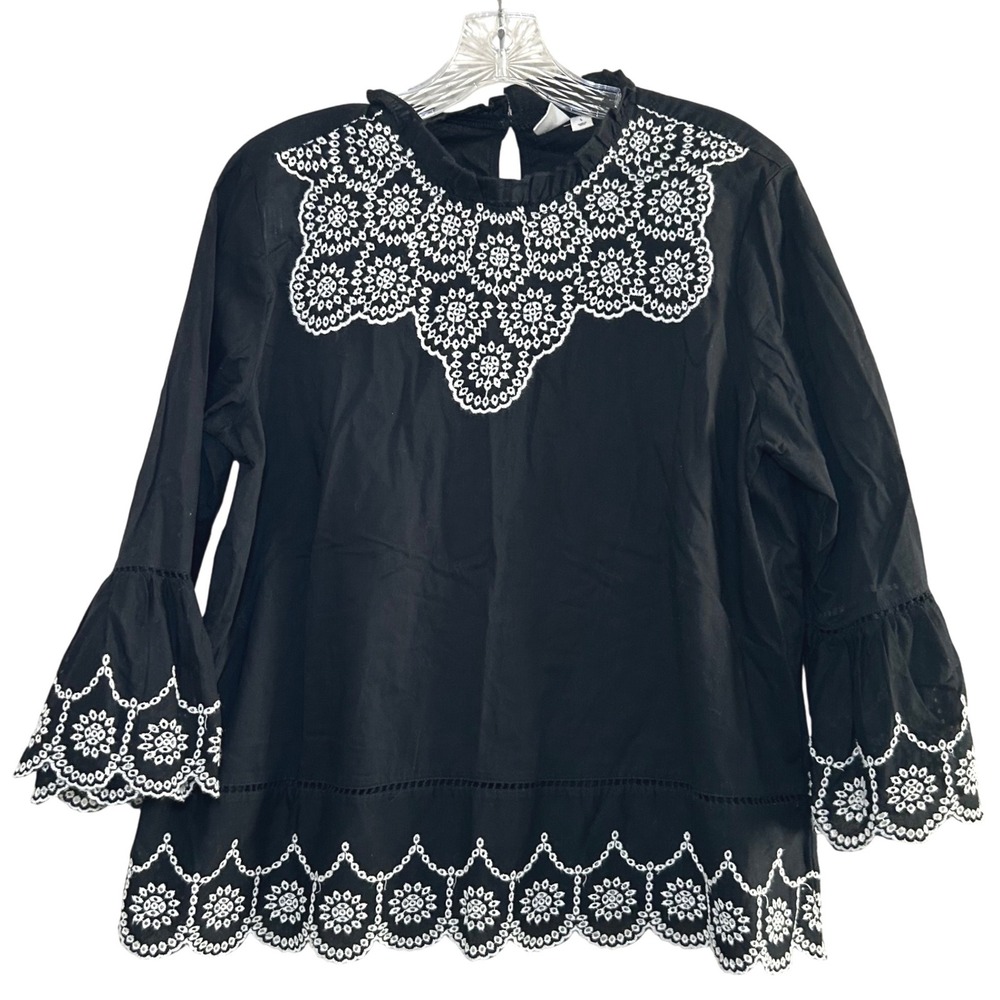 Gap Black White Eyelet Embroidered 3/4 Bell Sleeve Blouse Top women's L Boho